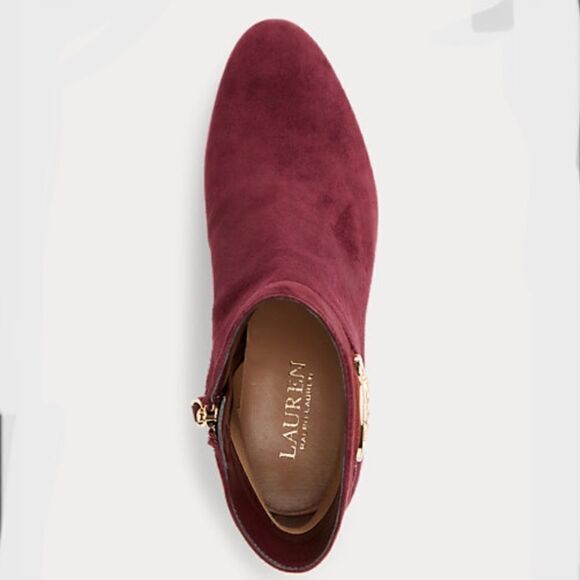 New in Box Ralph Lauren 9.5 Burgundy Wine Suede Block Heel Ankle Booties Boots - Picture 5 of 8